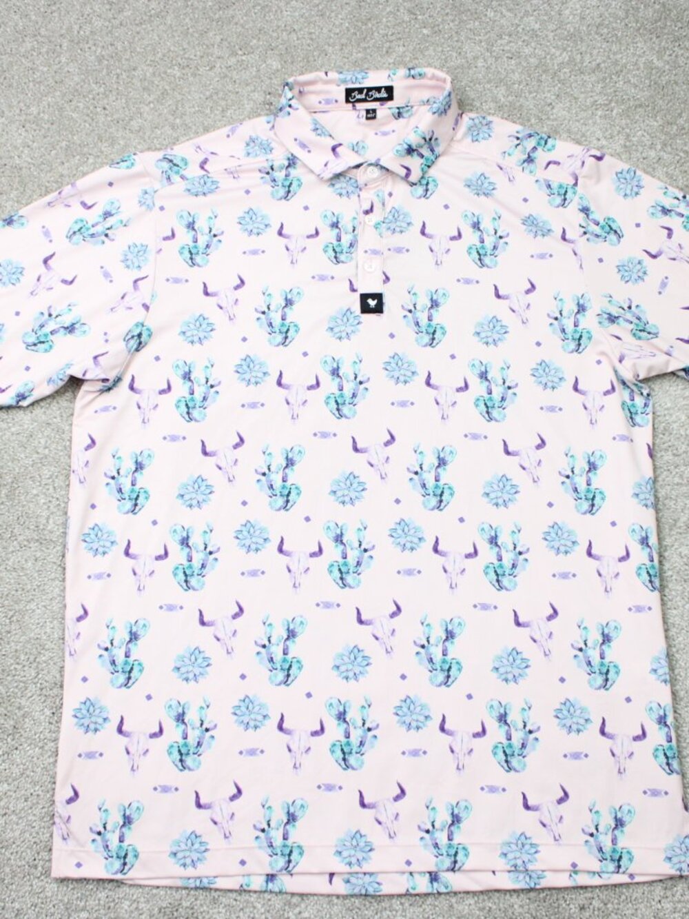 Bad Birdie The Ranch Polo Shirt Mens Large Pink Cactus & Cow AOP Short Sleeve - Picture 2 of 11